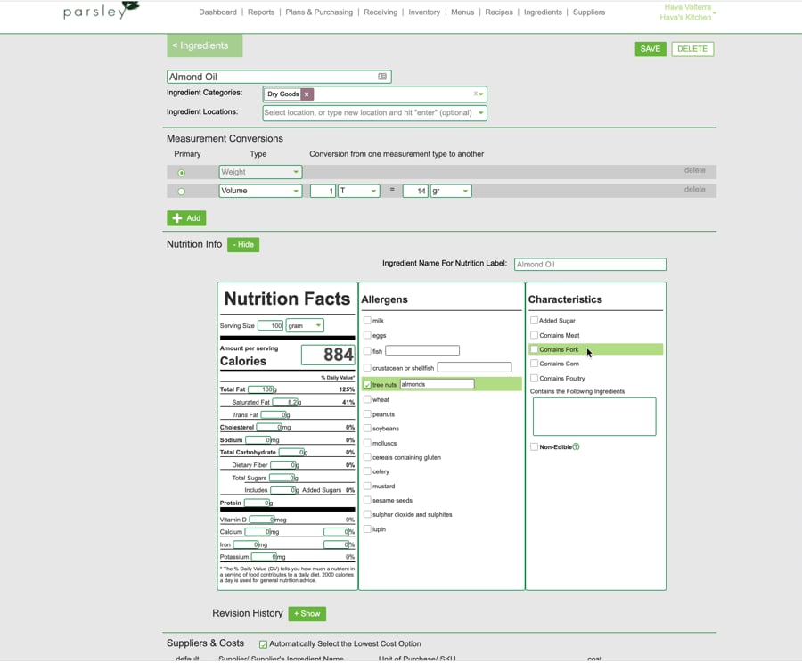 Nutrition Facts on Parsley Parsley Culinary Software for Chefs